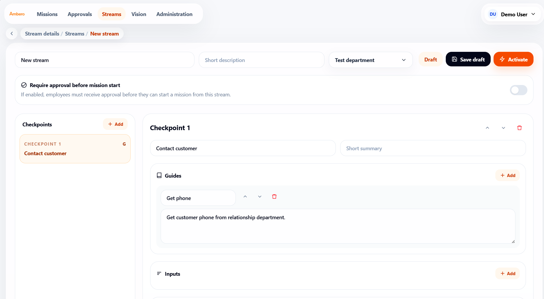 Ambero.app Stream builder screen